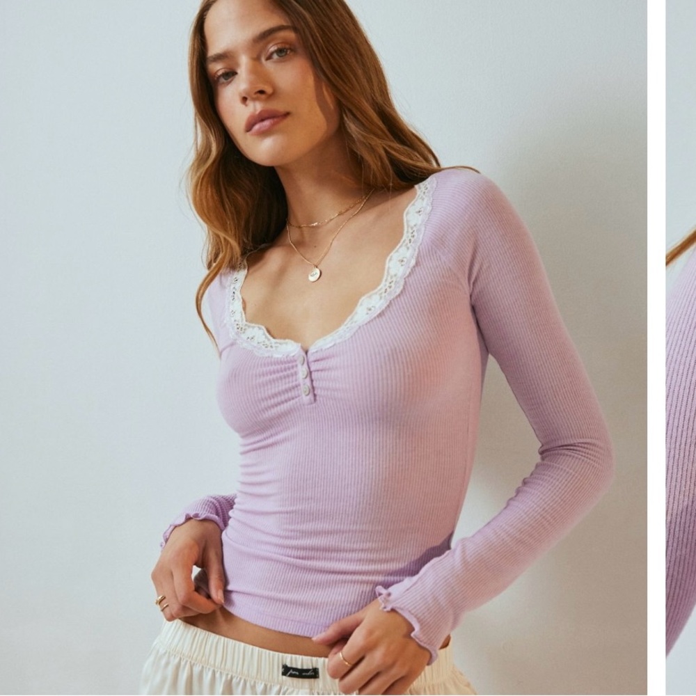Urban Outfitters Light Blue Lace Trim Long Sleeve Top